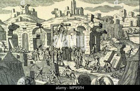 . Anglais : Lisbonne au lendemain du tremblement de terre de 1755, montrant les personnes d'être pendu en présence de prêtres et de l'armée. Un prêtre tient un crucifix, un peut-être un livre de prières, pour qu'ils puissent être de donner les derniers sacrements aux personnes d'être pendu (la criminalité générale et le chaos se produit à proximité). Dans son ?le tremblement de terre de Lisbonne en 1755 : la première catastrophe, moderne ? University of Delaware Disaster Research Center, Département de sociologie et de justice pénale, 2003, Russell R. Dynes membres : ?La sécurité est devenue un enjeu. Il est rapporté que potence ont été mis en place dans plusieurs parties de la ville comme un warn Banque D'Images