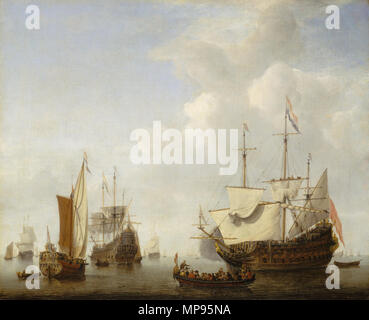 Anglais : un navire amiral hollandais venant d'ancrage avec un yacht membres avant qu'une lumière Air 1658. 1227 Willem van de Velde le jeune - un navire amiral hollandais venant d'ancrage avec un yacht membres avant qu'une lumière Air Banque D'Images