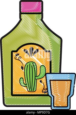 Bouteille de tequila et tourné sur fond blanc, vector illustration Illustration de Vecteur