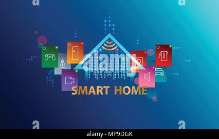 Système Smart home. Internet des objets concept. En-tête ou le logo bannière avec dispositif d'automatisation maison. Arrière-plan de la technologie à puce. Illustration de Vecteur