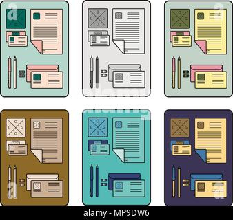 Le grand ensemble de bureau pour modèle dans différentes couleurs avec beaucoup de choses de bureau Illustration de Vecteur