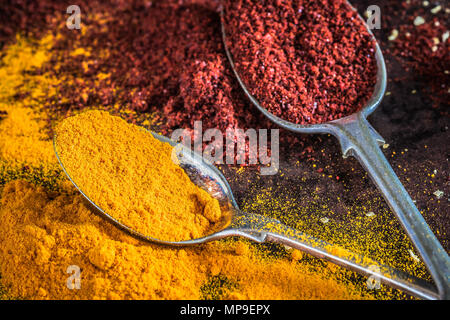 Divers épices comme le curcuma et le paprika sur les cuillères, Close up Banque D'Images