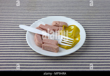 Plusieurs tranches de viande en conserve de porc pressées sur une plaque blanche avec de la moutarde et d'une fourchette en plastique sur une nappe à rayures bleu. Banque D'Images