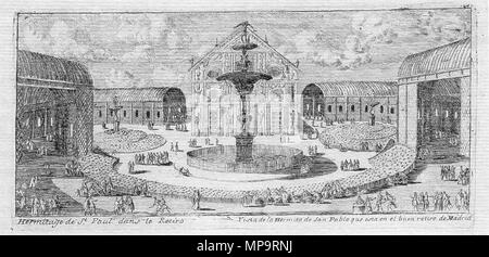 La Ermita de San Pablo en El Buen Retiro y fuente barroca.. Español : Vista de la fuente de Narciso, ornement en la Glorieta de la Ermita de San Pablo, en el Real sitio del Buen Retiro de Madrid, mandada construir por Felipe IV, con diseños de Juan Gómez de Mora. Cobre, talla dulce (92 x 210 cm.) . vers 1864 (original sobre un hacia 1660). Meunier-Fuentes 834 Luis del Buen Retiro 1871 d Banque D'Images