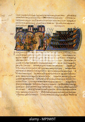 . Anglais : Skyllitzes Matritensis, fol. 111v. La miniature : Sac de Thessalonique (EN 904) Références : Ioannis Scylitzae Synopsis Historiarum. Édition Princeps. Rec. Ioannes Thurn, p. 183, in : Corpus Fontium Historiae Byzantinae Série 5, 1973 Tsamakda Berolinensis V. : la chronique illustrée de Ioannes Skylitzes à Madrid, p. 146 . 11ème-13ème siècles. du Moyen Âge, inconnu 841 MadridSkylitzesFol111v Banque D'Images