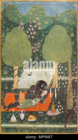 . Anglais : Makhan dans un jardin enchanté, embrassé par un efreeti. Illustration d'un manuscrit enluminé d'HAMSAH, un poème de Nezami. . 1648. 846 MakhanEmbracedByAnEfreeti Banque D'Images