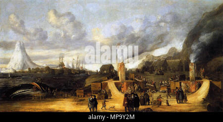 La raffinerie de pétrole des baleines près du village de Smerenburg . La baleine-raffinerie de pétrole de la chambre d'Amsterdam de la Compagnie du Groenland sur l'Île Amsterdam au large des côtes du Spitzberg. À gauche la mer avec les baleines et les bateaux. Le droit à diverses installations fumeurs avec cheminées et de grands groupes d'ouvriers. 1639. 848 homme, Cornelis de - l'usine d'huile de baleine sur l'île de Jan Mayen - 1639 Banque D'Images