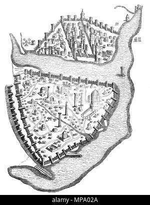 Une vue aérienne de Constantinople, la capitale de l'Empire byzantin romain/. À partir de la mi-5e siècle au début du 13e siècle, c'était la plus grande et la plus riche de la ville en Europe. Constantinople a joué un rôle déterminant dans l'avancement du christianisme a l'époque romaine et byzantine que l'accueil du patriarche oecuménique de Constantinople et en tant que gardienne de la Chrétienté's holiest reliques comme la couronne d'épines et de la Vraie Croix. Banque D'Images