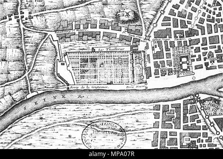 . Partie de la carte de Paris, 1422-1589, montrant de près de l'palais des Tuileries et du Louvre. Le Louvre est à droite, sur la rive nord de la Seine, en face des murs de la ville où la rivière répondre ; le palais des Tuileries, construit (ch. 1563-80) par Catherine de Médicis, est encore le long de la banque vers la gauche, avec ses jardins s'étendant jusqu'à la campagne et une vue sur la campagne au sud de la rivière. Henry IV (1589-1610) était de rejoindre le Louvre ou les Tuileries avec une galerie le long de la rive de la Seine (voir Blunt, Art et Architecture en France : 1500-1700, Yale University Press, 1999 edition, I Banque D'Images