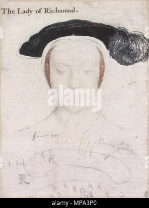 . Anglais : étude Portrait de Mary, duchesse de Richmond et Somerset. Les craies de couleur et noir, encre au pinceau sur papier rose-apprêté, 26,7 × 20,1 cm, Collection royale, le château de Windsor. Mary FitzRoy, Duchesse de Richmond et Somerset (1519-1557), était la fille de Thomas Howard, 3e duc de Norfolk, et la sœur de Henry Howard, comte de Surrey, dont les portraits de Holbein peint. En 1533, elle épouse Henri VIII fils illégitime Henry FitzRoy, 1 duc de Richmond et Somerset, décédé en 1536. Ce dessin est un exemple de matières premières d'Holbein notation préliminaire pour un style portrait à l'huile ; il inc Banque D'Images