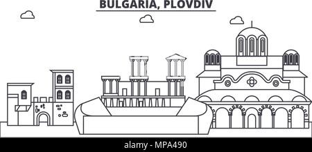 La Bulgarie, Plovdiv skyline ligne vector illustration. La Bulgarie, Plovdiv ville linéaire avec des sites célèbres de la ville, vecteur, paysage. Illustration de Vecteur