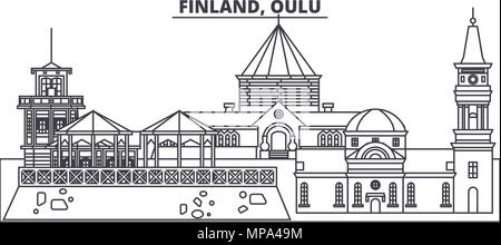 La Finlande, Oulu skyline ligne vector illustration. La Finlande, Oulu paysage urbain linéaire avec des sites célèbres de la ville, vecteur, paysage. Illustration de Vecteur