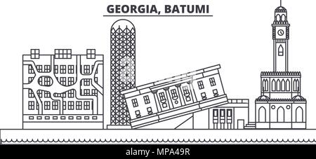 La Géorgie, Batumi skyline ligne vector illustration. La Géorgie, Batumi cityscape linéaire avec des sites célèbres de la ville, vecteur, paysage. Illustration de Vecteur