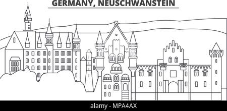 L'Allemagne, la ligne de Neuschwanstein skyline vector illustration. L'Allemagne, la ville linéaire de Neuschwanstein avec des sites célèbres de la ville, vecteur, paysage. Illustration de Vecteur