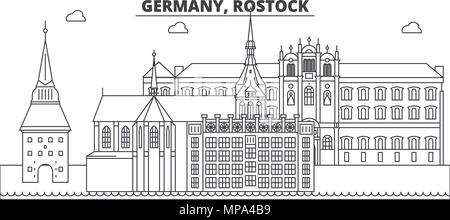 L'Allemagne, la ligne Rostock skyline vector illustration. Allemagne, Rostock cityscape linéaire avec des sites célèbres de la ville, vecteur, paysage. Illustration de Vecteur