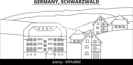 Allemagne, Schwarzwald skyline ligne vector illustration. Allemagne, Schwarzwald paysage urbain linéaire avec des sites célèbres de la ville, vecteur, paysage. Illustration de Vecteur