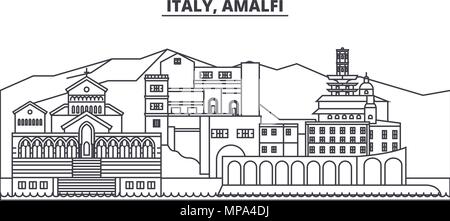 L'Italie, Amalfi skyline ligne vector illustration. L'Italie, Amalfi ville linéaire avec des sites célèbres de la ville, vecteur, paysage. Illustration de Vecteur