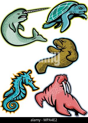 L'icône illustration mascotte ensemble d'animaux aquatiques et les mammifères marins comme le narval ou narwal, tortue, ou lamantins sea cow, ou cheval de mer s Illustration de Vecteur