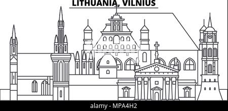 La Lituanie, Vilnius skyline ligne vector illustration. La Lituanie, Vilnius ville linéaire avec des sites célèbres de la ville, vecteur, paysage. Illustration de Vecteur