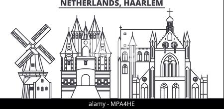 Pays-bas, Haarlem skyline ligne vector illustration. Haarlem Pays-Bas, paysage urbain linéaire avec des sites célèbres de la ville, vecteur, paysage. Illustration de Vecteur