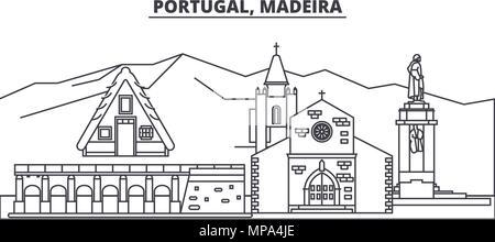 Portugal, Madère skyline ligne vector illustration. Portugal, Madère ville linéaire avec des sites célèbres de la ville, vecteur, paysage. Illustration de Vecteur