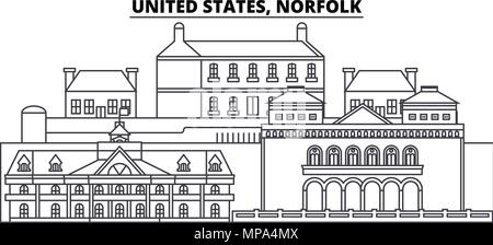 United States, Norfolk line skyline vector illustration. United States, Norfolk paysage urbain linéaire avec des sites célèbres de la ville, vecteur, paysage. Illustration de Vecteur