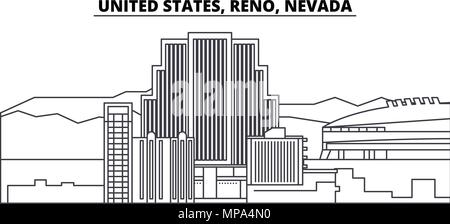 United States, Reno, Nevada skyline ligne vector illustration. United States, Reno, Nevada paysage urbain linéaire avec des sites célèbres de la ville, vecteur, paysage. Illustration de Vecteur