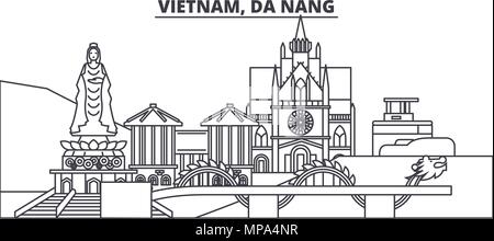 Vietnam, Da Nang skyline ligne vector illustration. Vietnam, Da Nang ville linéaire avec des sites célèbres de la ville, vecteur, paysage. Illustration de Vecteur