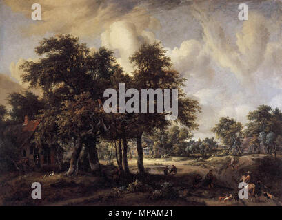 Paysage boisé avec des chalets vers 1665. 880 Meindert Hobbema - paysage avec des chalets - WGA11445 Banque D'Images