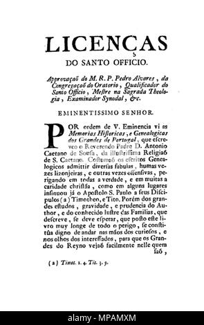 883 e Historicas Memorias Genealogicas dos Grandes de Portugal - Licenças do Santo Officio Banque D'Images