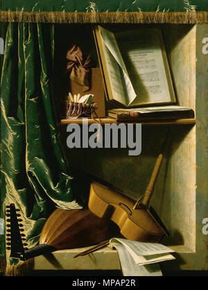Anglais : un trompe-l'oeil d'un luth, d'une viole et d'un enregistreur, avec des livres de la musique dans une niche en pierre par des rideaux de la fin du xviie siècle jusqu'au début du 18ème siècle. 888 Michel Boyer - un trompe-l'oeil d'un luth, d'une viole et d'un enregistreur, avec des livres de la musique dans une niche en pierre par des rideaux Banque D'Images