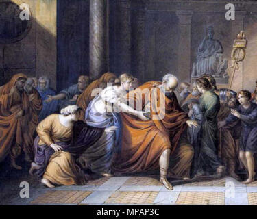 Anglais : Marcus Atilius Regulus part pour Carthage, retenu par ses parents Français : Marcus Atilius Regulus part pour Carthage, the uppers of par ses parents en 1832. 888 Michel Ghislain Stapleaux - Marcus Atilius Regulus Banque D'Images