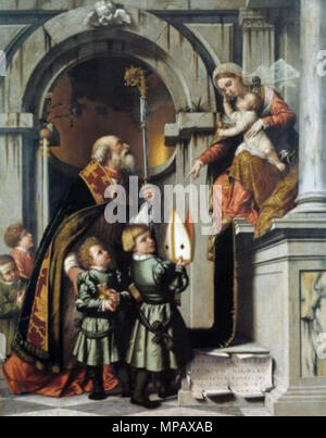 St Nicolas de Bari présente les élèves à Rovelli vierge et l'enfant . Saint Nicolas de Bari, avec deux enfants et la Vierge, Pala Rovelli Italiano : Moretto da Brescia, San Nicola di Bari presenta gli allievi di Galeazzo Rovelli Alla Madonna à trono col bambino (Pala) Rovelli. Opera esposta nella Pinacoteca Tosio Martinengo un Brescia. . 16e siècle. Moretto da Brescia 905 Moretto, pala rovelli Banque D'Images
