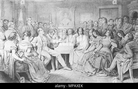 Schubertiade 1868 . aus der Erinnerung gezeichnet das Bild zeigt Franz Schubert am Klavier und Josef von Spaun, Johann Michael Vogl, Franz Lachner, Moritz von Schwind, Wilhelm August Rieder, Leopold Kupelwieser, Eduard von Bauernfeld, Franz von Schober, Franz Grillparzer und auf dem Bild an der Wand Komtess Karoline Esterházy. 1868. Moritz von Schwind (1804-1871) Noms alternatifs von Schwind Moritz von Schwind ; Ludwig Description peintre autrichien et enseignant à l'université Date de naissance/Décès 21 Janvier 1804 8 février 1871 Lieu de naissance/décès Vienne Munich Munich lieu de travail Banque D'Images