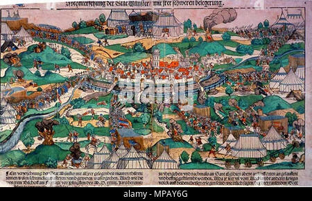 . La ville de Münster assiégée par le prince évêque Franz von Waldeck en 1534. La photo montre la première attaque à la Pentecôte. Le texte en dessous de l'image dit : 'Ein verzeychnung der Stat Münster mit tous irer gelegenheit / mauren / thüren / zinnen / schrankken pasteyen watten / / / geweren wassergreben unnd /. Wie auch die von irem Bischoff am Freytage / Pfingsten vor des M.D. xxxiiii. Berennt / pots (und ?) Zibben legern ringhweis .... zu übergeben/und nachmals un Sant Egidien abent une gelauffen fünff orten une hefftig gestürmbt/ und worden. L'AADL seer ir vil vom Adel sambt anderen kriegs volck auff Banque D'Images