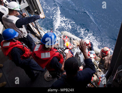 Océan Pacifique (7 avril 2017) Le Lieutenant Shawn Madsen, assistant du personnel pont premier lieutenant à bord du navire d'assaut amphibie USS America (LHA 6), donne un "Thumbs up" d'un équipage de bateau, alors qu'ils se préparent pour le transport des membres du 15e Marine Expeditionary Unit pendant une embarcation pneumatique à coque rigide de transfert du personnel de transport amphibie USS San Diego dock (LPD 22). L'Amérique est actuellement en cours avec plus de 1 000 marins et 1 600 Marines effectuant l'Escadron Amphibie/Marine Expeditionary Unité Intégration des opérations dans la préparation de l'équipage du déploiement de jeune fille plus tard cette année. Banque D'Images