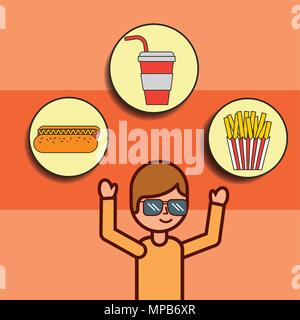Garçon cartoon avec restauration rapide soude frites Hot-dog Illustration de Vecteur