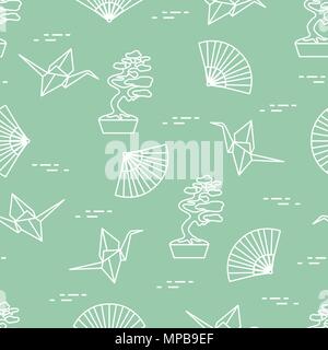 Modèle intégré de bonsaï, origami grues de papier, fans. Voyages et loisirs. Éléments de conception traditionnelle du Japon. Illustration de Vecteur