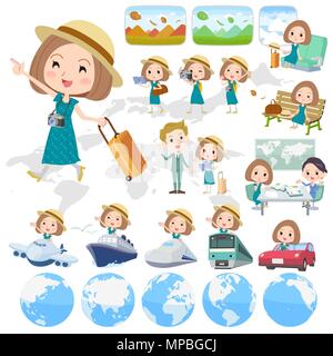 Ensemble de diverses poses de Bob robe verte cheveux voyage femme Illustration de Vecteur