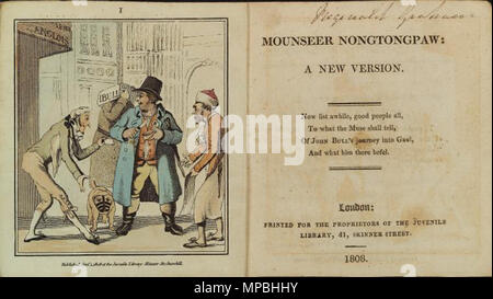 . Frontispice et page de titre de Mounseer Nongtongpaw, tenu à la Bibliothèque publique de New York . 1808. Robert Cruikshank, graveur ; John Taylor est peut-être l'auteur (que l'on croyait par Mary Shelley) Nongtongpaw 933 Banque D'Images