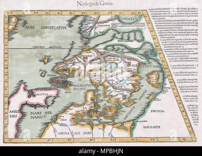 & Gottia Norbegia : Latina. Anglais : La Norvège et la Suède . Norbegia Gottia : Latina et Anglais : un chef-d'oeuvre. C'est un important site de la Scandinavie, par le cartographe Martin Waldseemuller. Il est fortement basé sur la même carte par Claudius, genre qui a paru dans le 1425 [sic] Ulm édition de la Geographia de Ptolémée. La différence la plus notable entre cette édition est l'ajout d'emblèmes héraldiques Shields pour les pays scandinaves. Dans ce site, une grande partie de la géographie est, au mieux, incertaines. L'Islande, la Norvège et la Suède sont presque méconnaissable. En haut de la carte, du Groenland semble connecter Banque D'Images