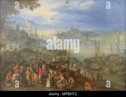 Q29871382. Deutsch : Fischmarkt Am Ufer eines Flusses . peint au 17e siècle. 696 Jan Brueghel l'ancien - Fischmarkt Am Ufer eines Flusses Banque D'Images