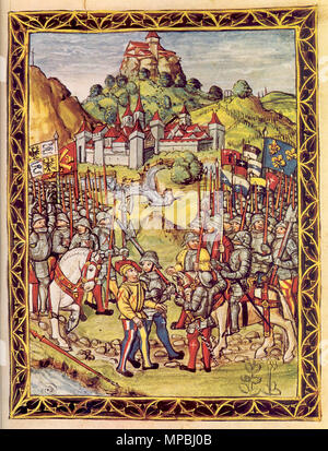 . Anglais : Ludovico Il Moro est remis par ses mercenaires suisses (à gauche) aux forces françaises (à droite) dans l'impasse à Novare en 1500. L'armée française avait également un fort contingent de mercenaires suisses. Les soldats suisses des deux côtés ont refusé de se battre entre eux, et enfin le roi français a accepté de laisser les troupes suisses de Lodovico retreat pacifiquement. Toutefois, l'accord n'a pas couvrir Ludovico lui-même. Ses mercenaires suisses lui déguisé comme l'une des leurs et a essayé de faire passer l'écart avec eux, mais il a été reconnu et a dû être remis. Plus tard, la Suisse a essayé un de leurs be Banque D'Images