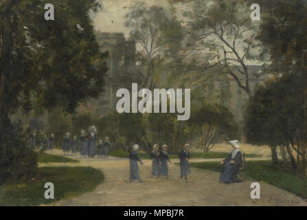 Des religieuses et des écolières dans les jardins des Tuileries, Paris . Anglais : au premier plan, une religieuse et une écolière swing a la corde à sauter pour un groupe de filles, tandis que d'autres dans l'arrière-plan venir à se joindre à eux. À travers les arbres peut être vu de l'enveloppe du palais des Tuileries comme il est apparu après avoir été incendié pendant la commune ou d'un siège en 1871. Les ruines ont été finalement démoli entre 4 décembre 1882 et 30 septembre 1883, d'où le la peinture peut être solidement daté de la période entre 1871 et 1883. . Entre 1871 et 1883. 935 nonnes et des écolières dans les jardins des Tuileries, Paris 1871-1873 Banque D'Images