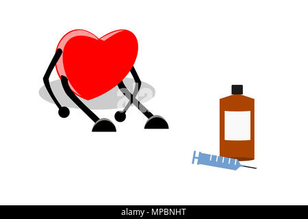 Faible, fatigué, épuisé et coeur assis à l'aide de médicaments (drogues) seringue et liquides, isolé sur fond blanc. Banque D'Images