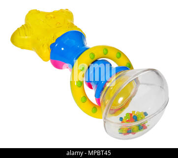 Hochet bébé avec un anneau de dentition en forme d'étoiles multicolores, hoop et perles dans un récipient transparent. Jouet pour enfants isolé sur fond blanc Banque D'Images