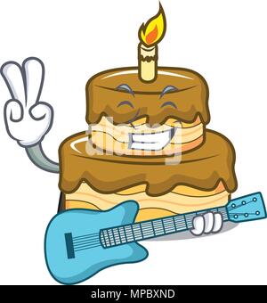 Gâteau d'anniversaire guitare avec mascot cartoon Illustration de Vecteur