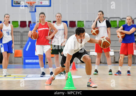 Prague, République tchèque. 22 mai, 2018. DJ Coach Sackmann (avec ballon) forme la République tchèque de l'équipe nationale féminine de basket-ball au cours de la journée pour les médias à Prague, République tchèque, le 22 mai 2018. Credit : Michal Kamaryt/CTK Photo/Alamy Live News Banque D'Images