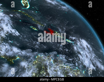 Nuit au-dessus de Haïti en rouge sur le modèle de la planète Terre dans l'espace. 3D illustration. Éléments de cette image fournie par la NASA. Banque D'Images