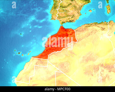 Le Maroc a souligné en rouge à partir de l'orbite de la Terre. 3D illustration. Éléments de cette image fournie par la NASA. Banque D'Images